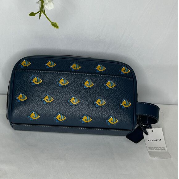 Coach New York Navy Blue Leather Cosmetic Bag, Yellow Fish Print, Dust Bag, NWT - Picture 3 of 13